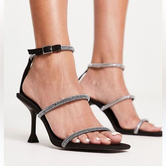 Stradivarius Crystal Embellished Sandals Ankle Strap Black Size EU 40 US Size 9 - Picture 1 of 16